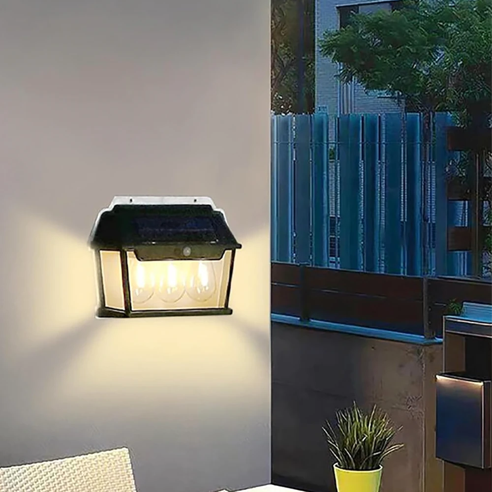 Lampa Triguba saulės energija varoma LED sodo sieninė lempa su judesio jutikliu