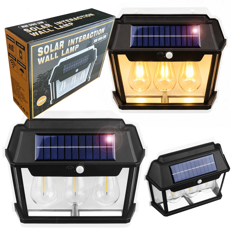 Lampa Triguba saulės energija varoma LED sodo sieninė lempa su judesio jutikliu