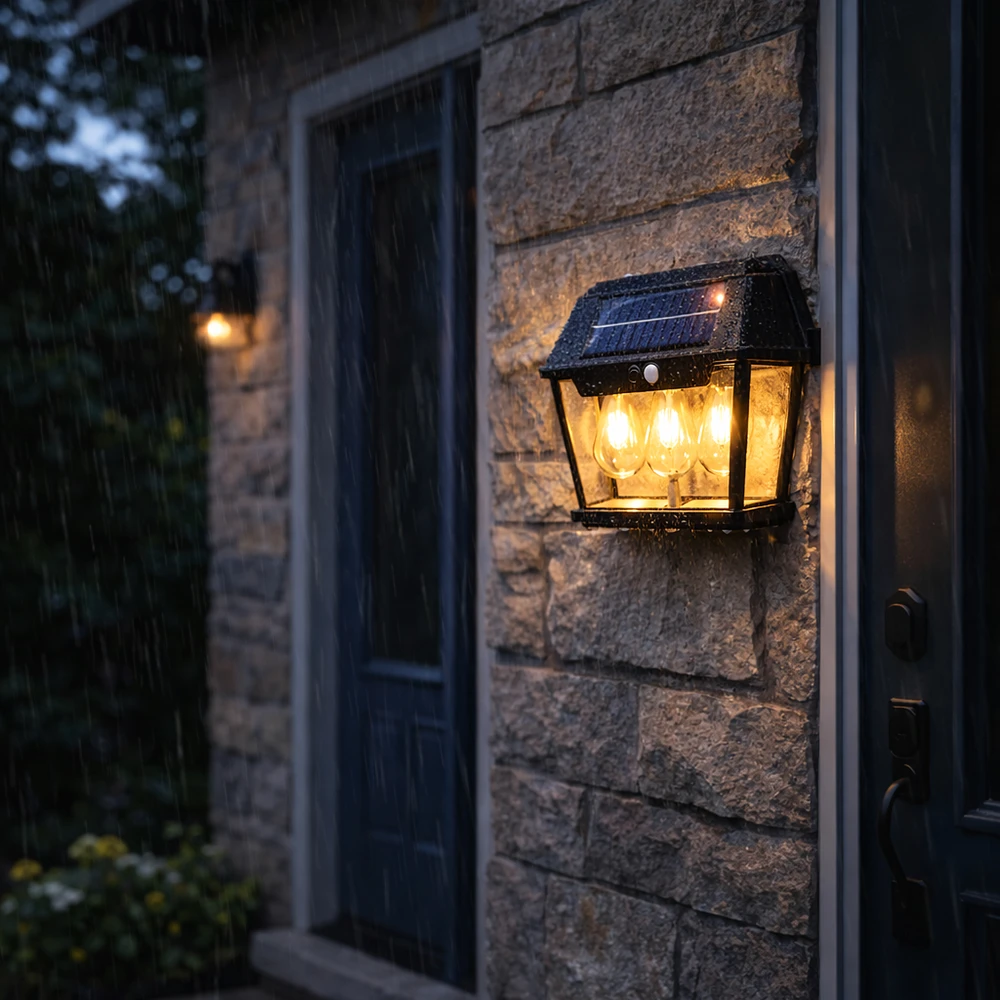 Lampa Triguba saulės energija varoma LED sodo sieninė lempa su judesio jutikliu
