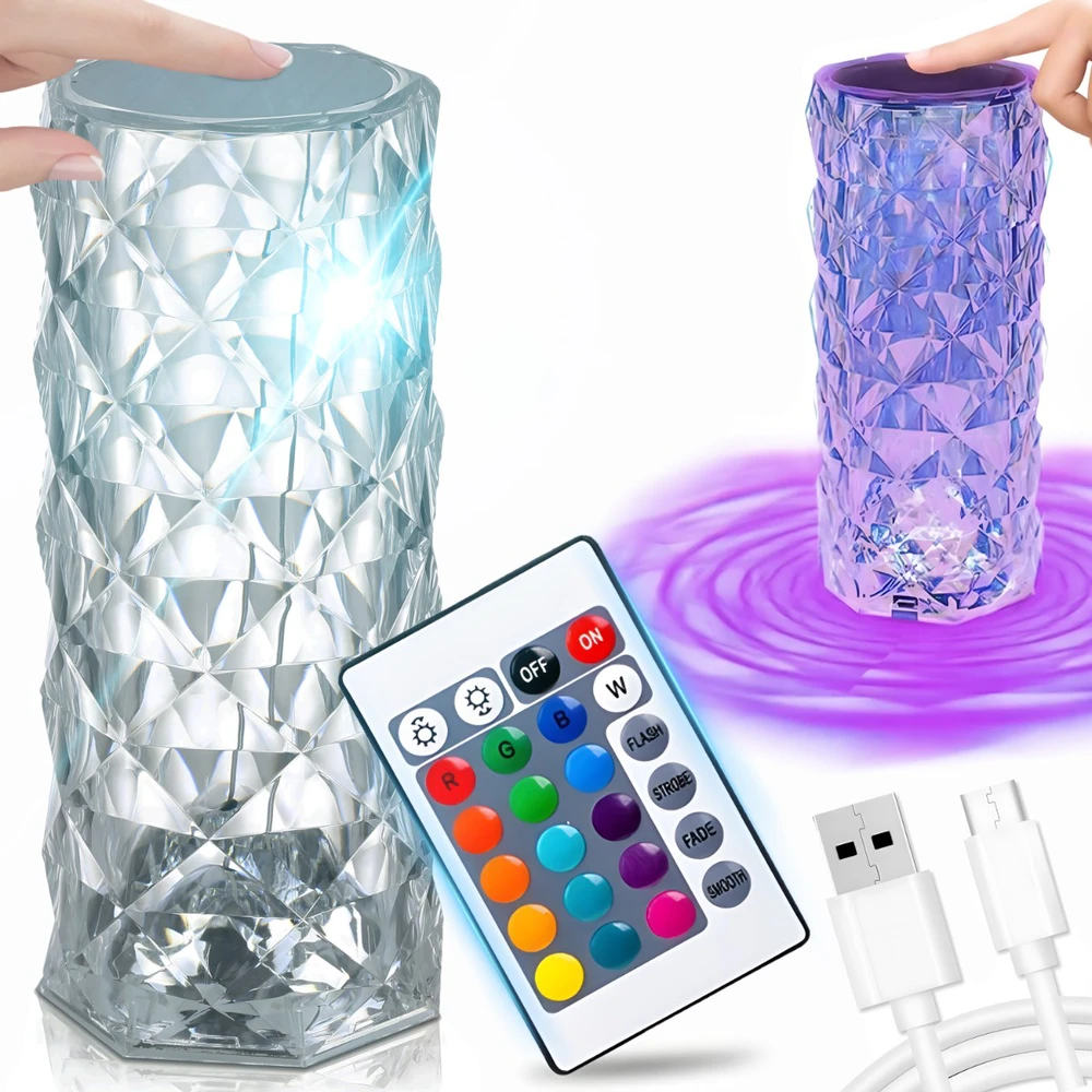 Retoo Lampka Krištolinė rožinė LED lempa su deimantinio lietimo funkcija ir RGB nuotolinio valdymo pulteliu