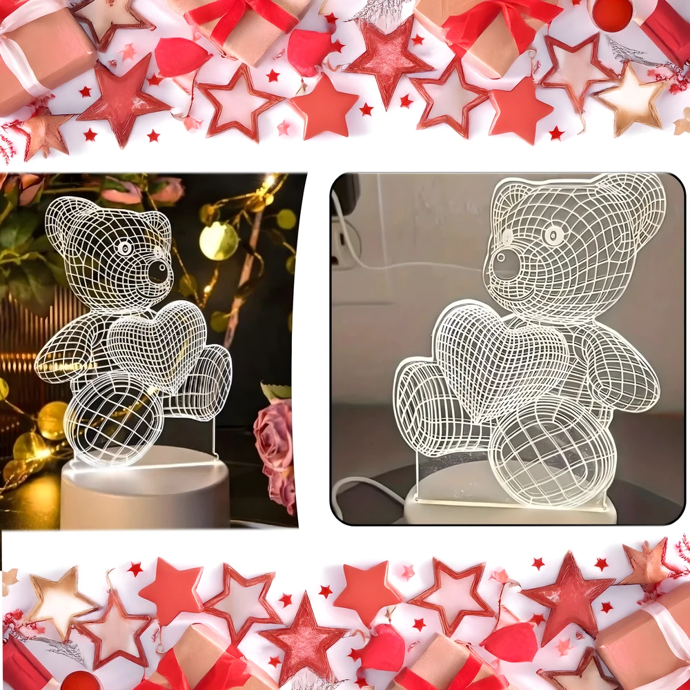 Lampka Naktinė lempa, dovanų meškiukas, 3D iliuzija, vaikų miegamojo stalas, USB