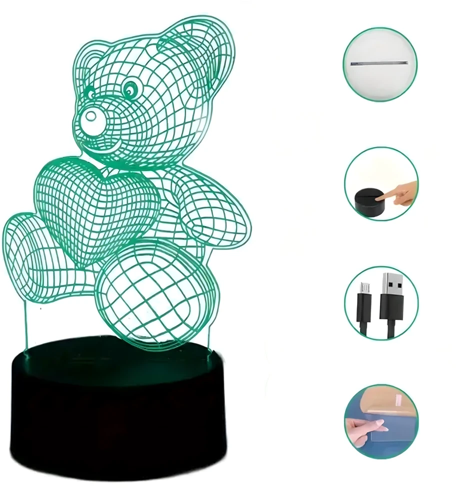 Lampka Naktinė lempa, dovanų meškiukas, 3D iliuzija, vaikų miegamojo stalas, USB