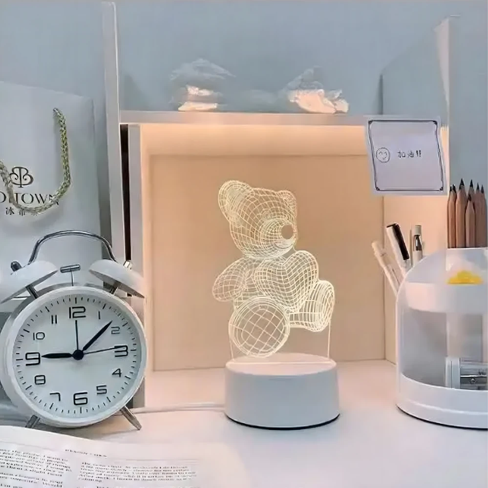 Lampka Naktinė lempa, dovanų meškiukas, 3D iliuzija, vaikų miegamojo stalas, USB