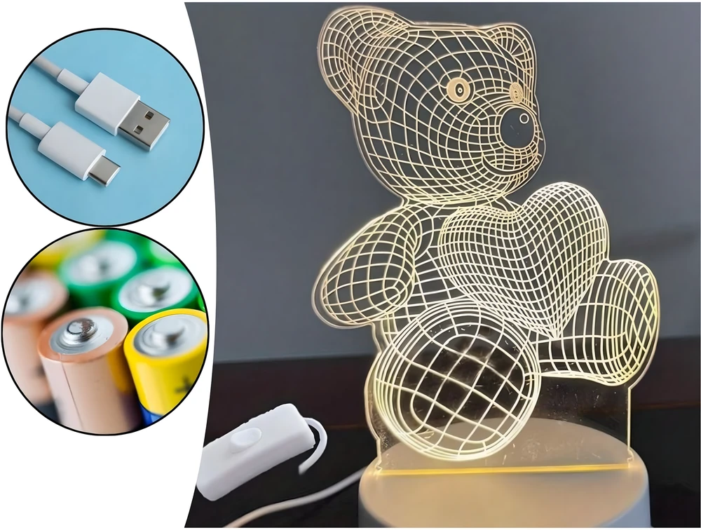 Lampka Naktinė lempa, dovanų meškiukas, 3D iliuzija, vaikų miegamojo stalas, USB
