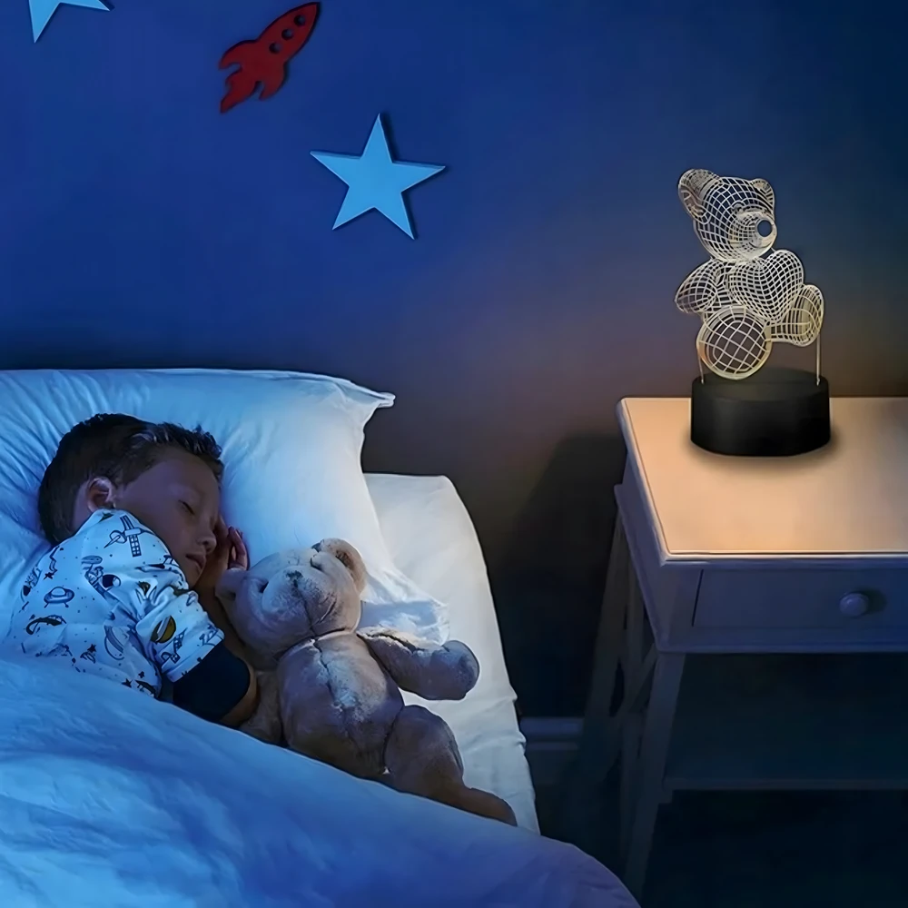 Lampka Naktinė lempa, dovanų meškiukas, 3D iliuzija, vaikų miegamojo stalas, USB