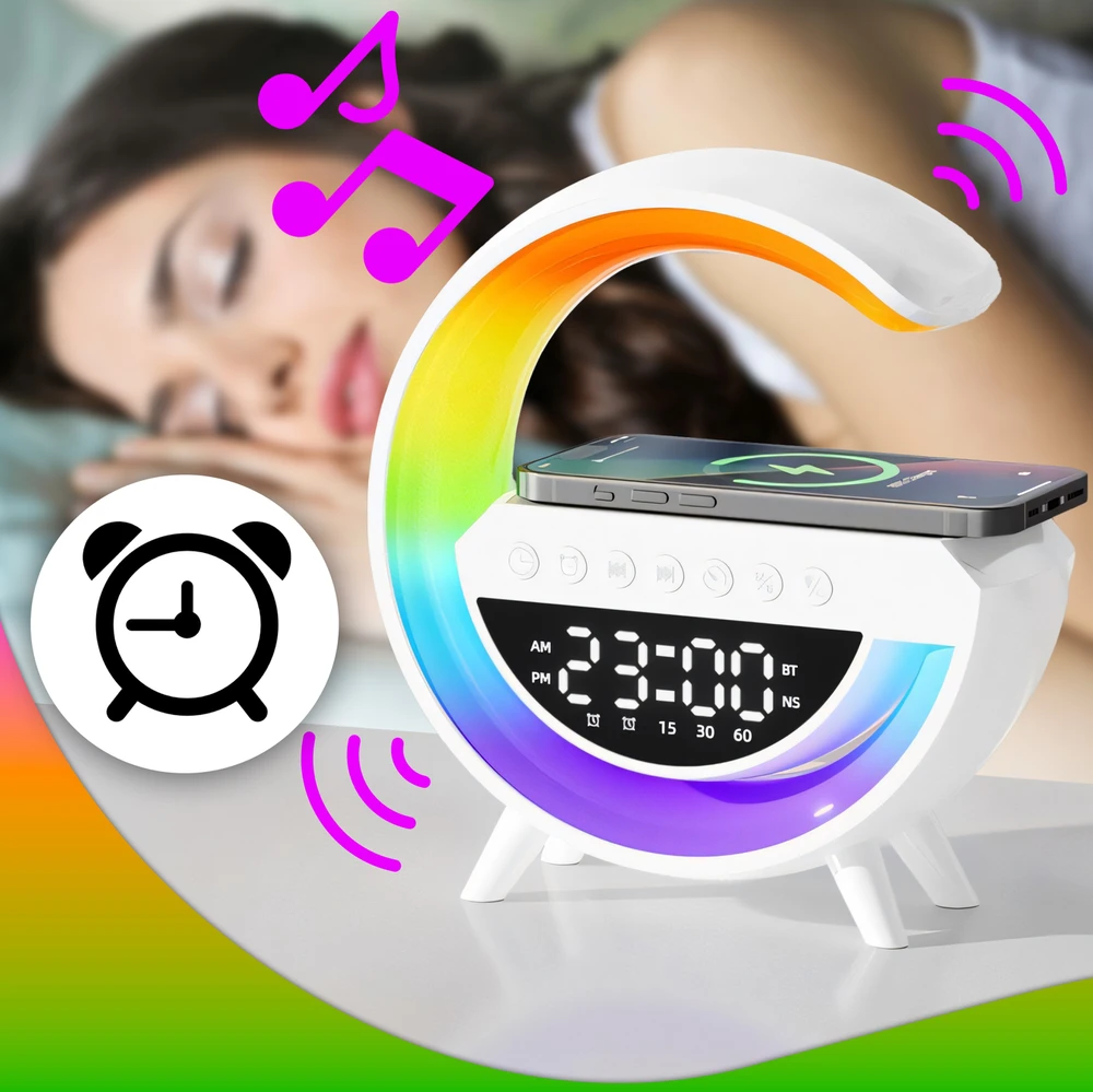 Lampka RGB LED naktinė lemputė „Bluetooth“ indukcinis įkroviklis laikrodis-radijas garsiakalbis