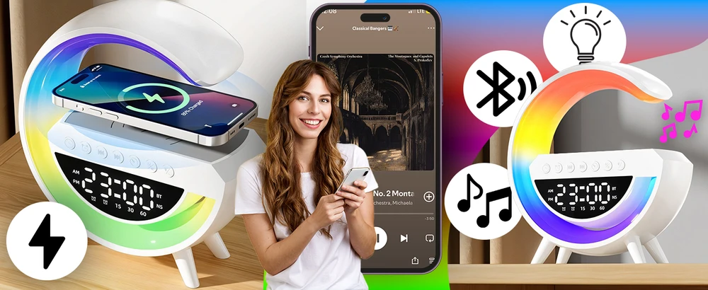 Lampka RGB LED naktinė lemputė „Bluetooth“ indukcinis įkroviklis laikrodis-radijas garsiakalbis