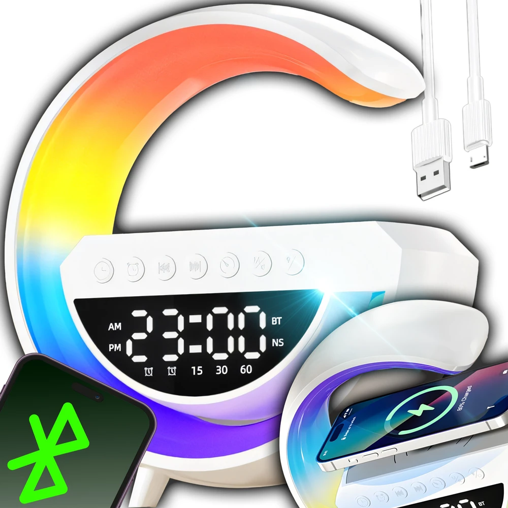 Lampka RGB LED naktinė lemputė „Bluetooth“ indukcinis įkroviklis laikrodis-radijas garsiakalbis