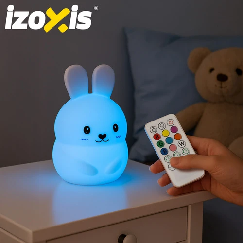 Dėlionė IZOXIS LED naktinė lempa vaikams Triušis RGB, su nuotoliniu valdymu, silikoninė