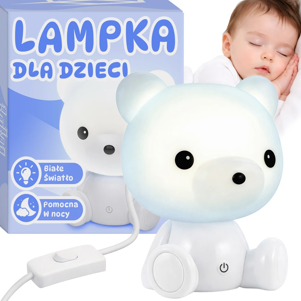 Retoo Lampka Vaikiška meškiuko naktinė lempa, stalinė lempa su kontaktu, balta, dekoratyvinė, 3D