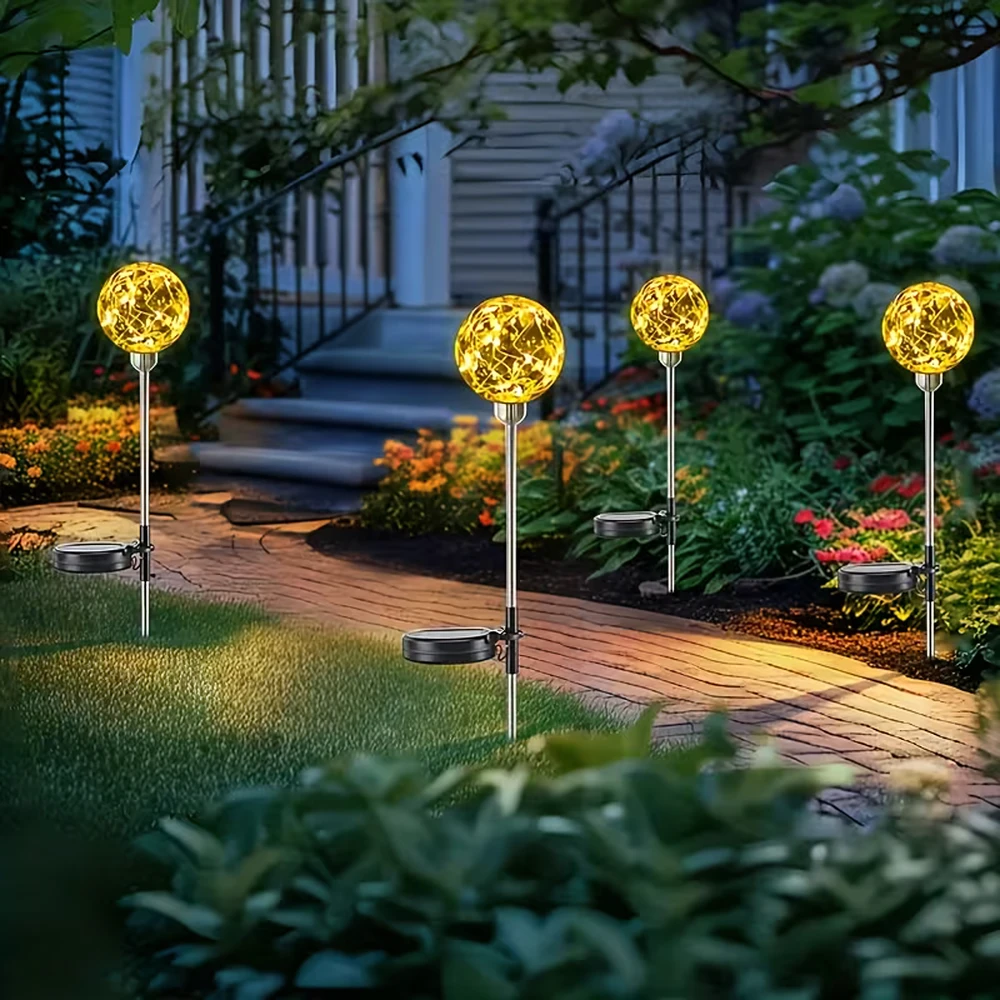 Lampy Saulės energija varomi sodo šviestuvai, LED sferiniai žibintai įvažiavimui, atsparūs vandeniui, 4 vnt.