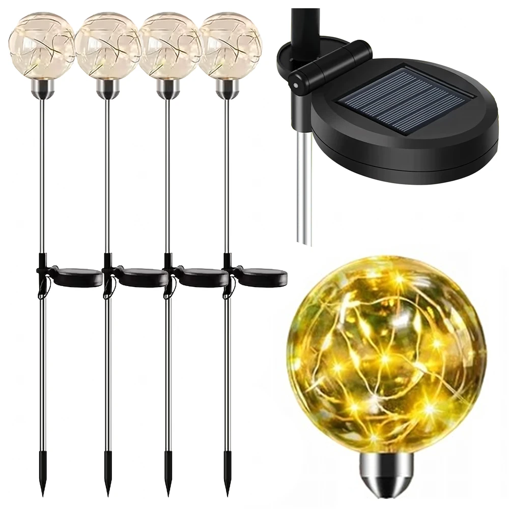 Lampy Saulės energija varomi sodo šviestuvai, LED sferiniai žibintai įvažiavimui, atsparūs vandeniui, 4 vnt.