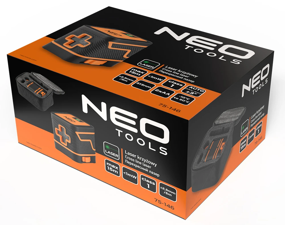 Neo Tools lazerinis 15 m žalias kryžminis lazeris su dėklu
