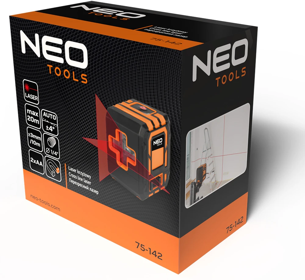 Neo Tools lazerinis 20 m kryžminis lazeris su dėklu ir magnetiniu laikikliu, raudonas