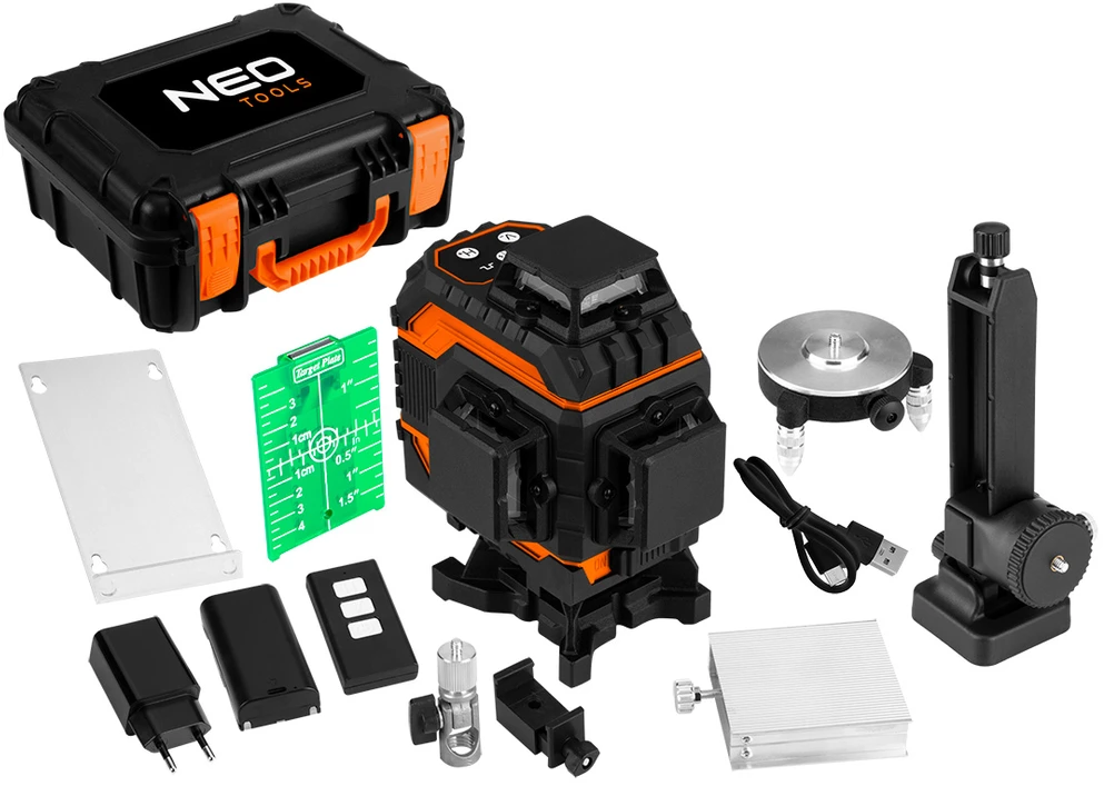 Neo Tools lazerinis 3D lazeris, 16 linijų, žalias, nešiojimo dėklas, taikinio plokštelė, magnetinis laikiklis, įkroviklis