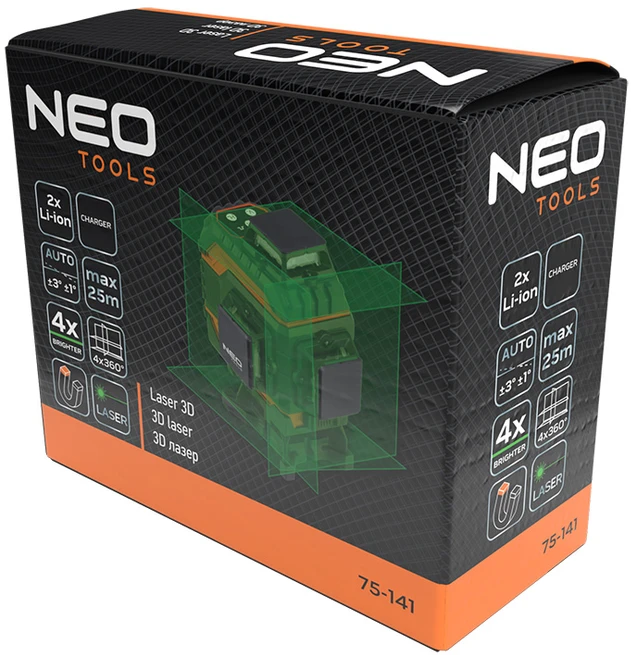 Neo Tools lazerinis 3D lazeris, 16 linijų, žalias, nešiojimo dėklas, taikinio plokštelė, magnetinis laikiklis, įkroviklis