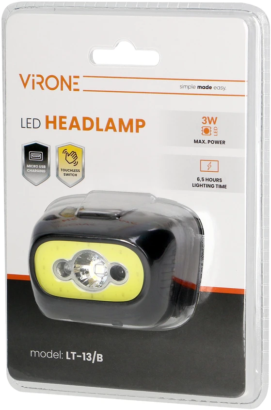 Orno Pakraunamas LED žibintas ant galvos VIRONE, 3W, 350lm, pakraunamas USB, juodos/geltonos sp