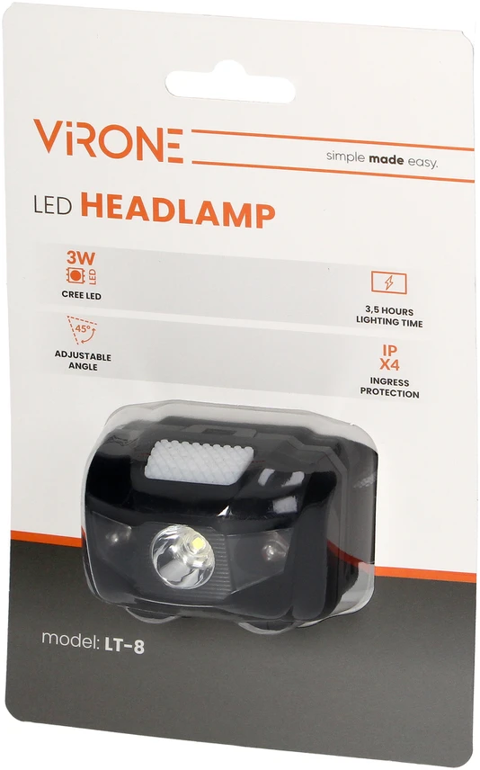 Orno LED žibintas ant galvos VIRONE, 3W, 6000K, 70lm, elementai 3xAAA (neįeina), juodos sp