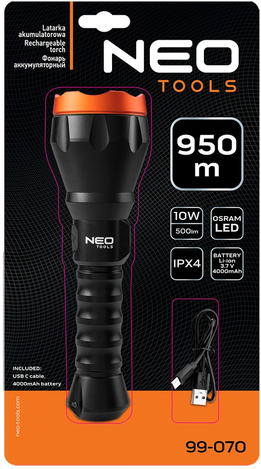 Neo Tools įkrovimo lempa, 1xled, 1x4000 mah, usb, 10w, 4 apšvietimo režimai