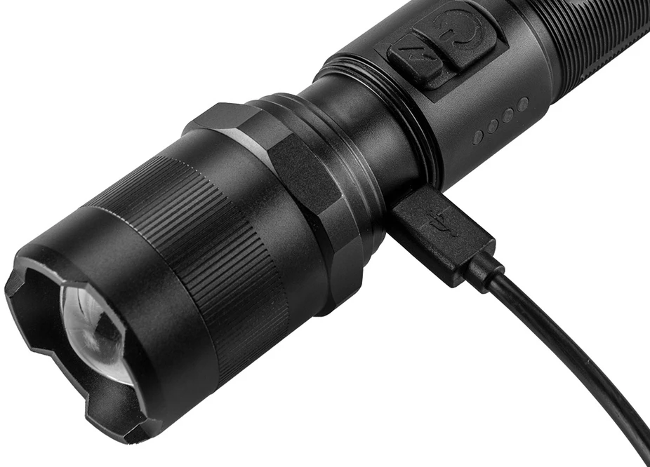 Latarka, tvirtas audinys, reguliuojamas dirželis, 1xled, 1x2200 mah, aliuminis, juoda, ipx4, priartinimo funkcija