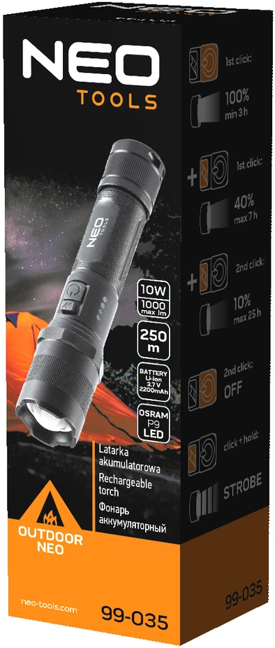 Latarka, tvirtas audinys, reguliuojamas dirželis, 1xled, 1x2200 mah, aliuminis, juoda, ipx4, priartinimo funkcija