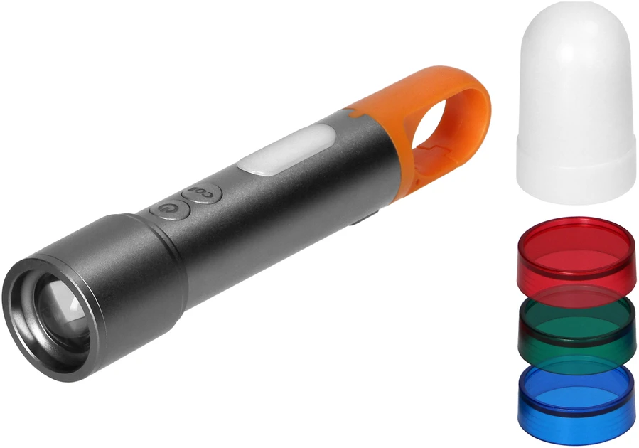 Orno Žibintuvėlis, LED žibintuvėlis SMD 10W + COB 2W, 350lm, 1200 mAh, priartinimo funkcija, spalvoti dangteliai