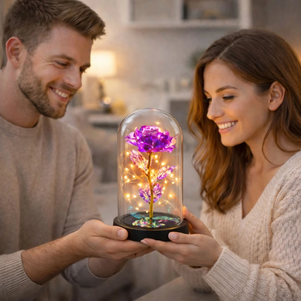Lean Amžina krištolinė rožė kupole su LED apšvietimu rožinė 21x11cm