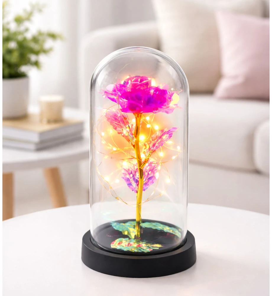 Lean Amžina krištolinė rožė kupole su LED apšvietimu rožinė 21x11cm