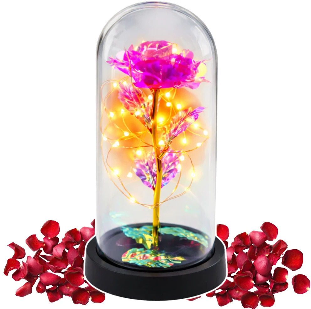 Lean Amžina krištolinė rožė kupole su LED apšvietimu rožinė 21x11cm