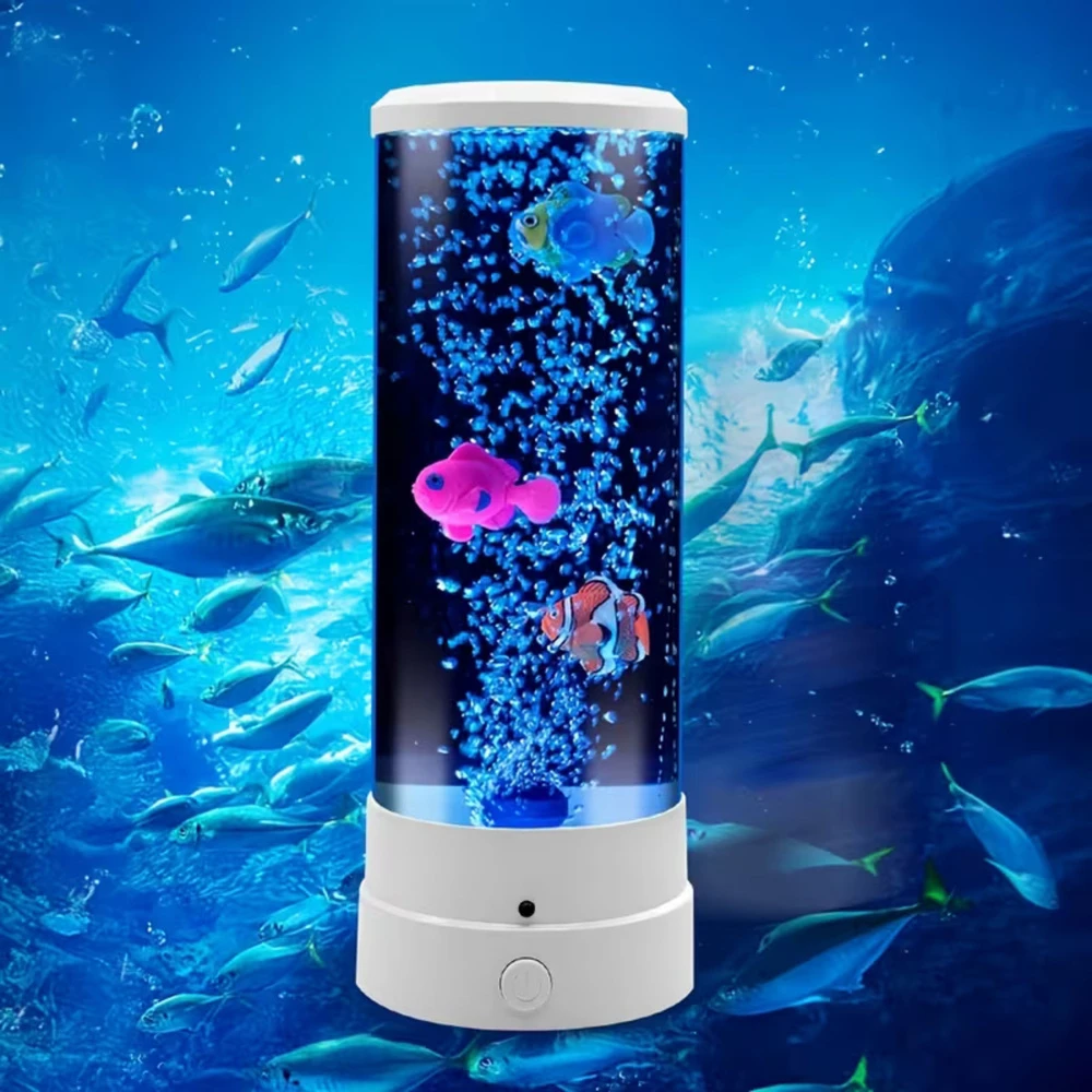 Lean Lampka Dekoratyvinė naktinė LED RGB akvariumo lempa su žuvytėmis, 16 spalvų, USB, balta
