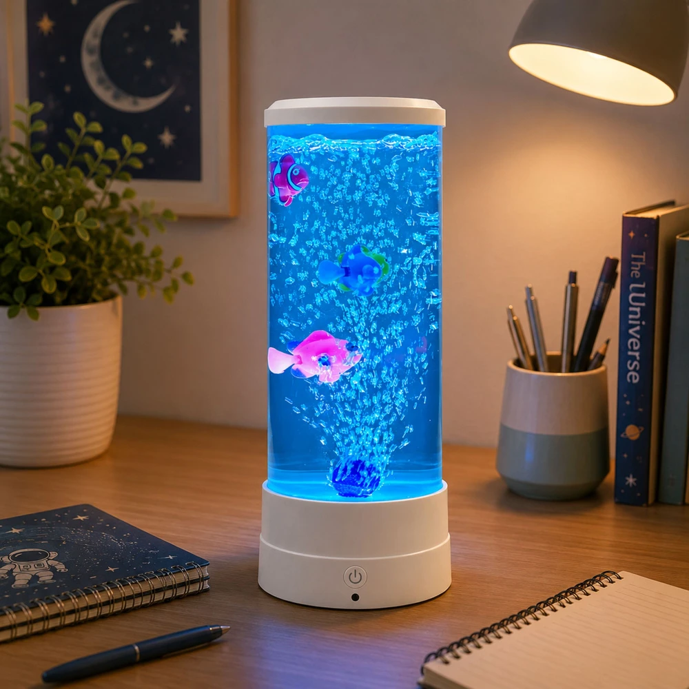 Lean Lampka Dekoratyvinė naktinė LED RGB akvariumo lempa su žuvytėmis, 16 spalvų, USB, balta