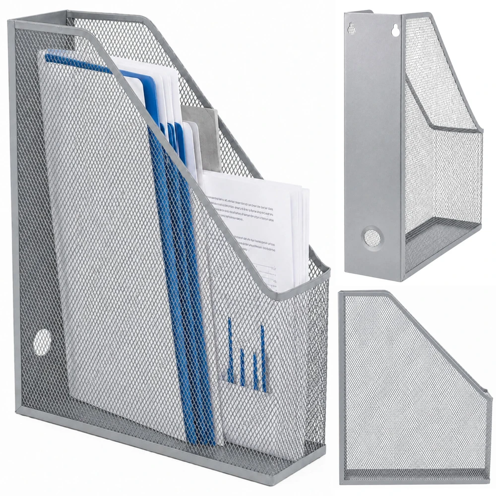 Lean Plieninis metalinis organizatorius – stovas biurui dokumentams ir segtuvams, vertikalus, sidabrinis, A4