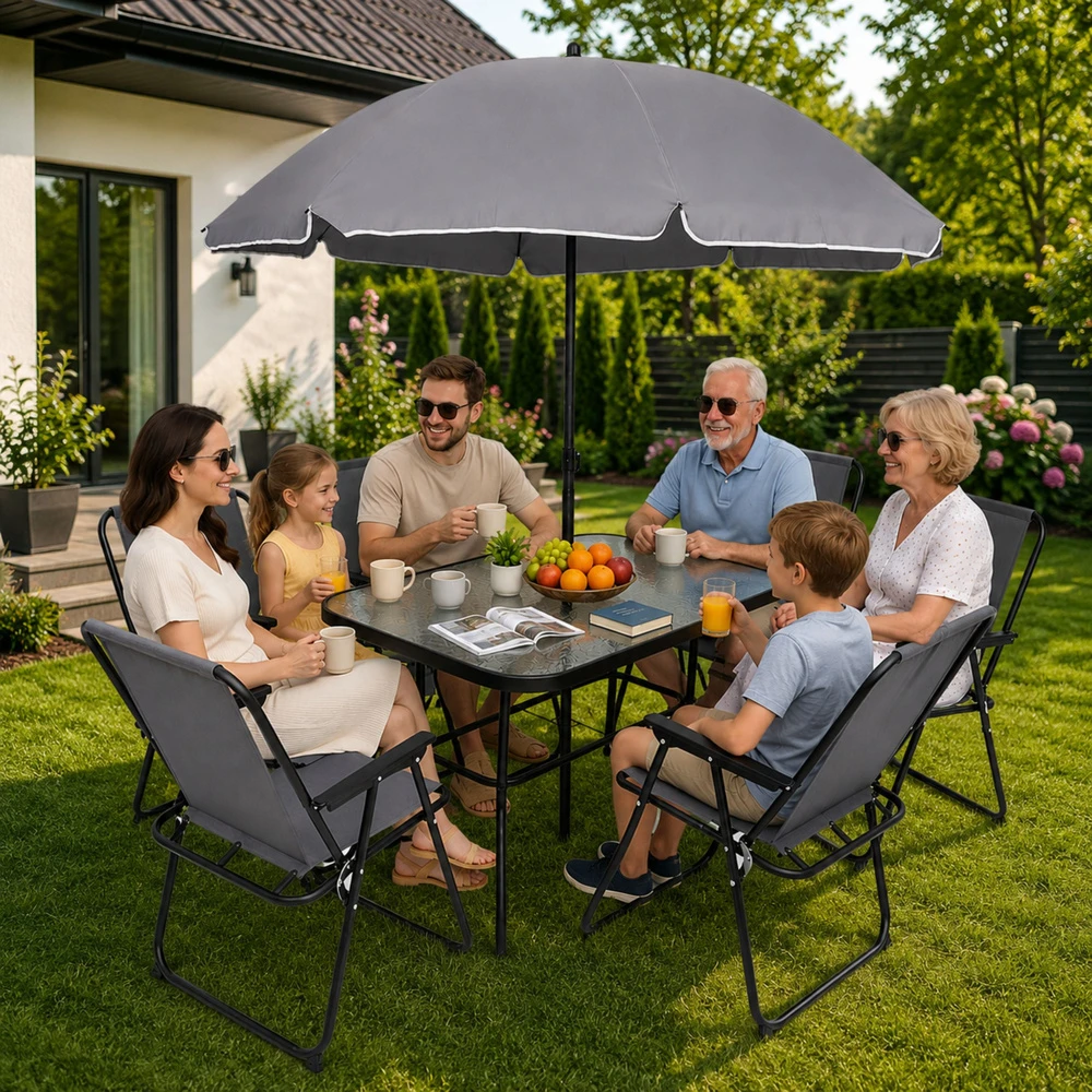 Lean Rinkinys Sodo baldų komplektas, stalo kėdės, metalinis skėtis, balkonas, terasa, sodui