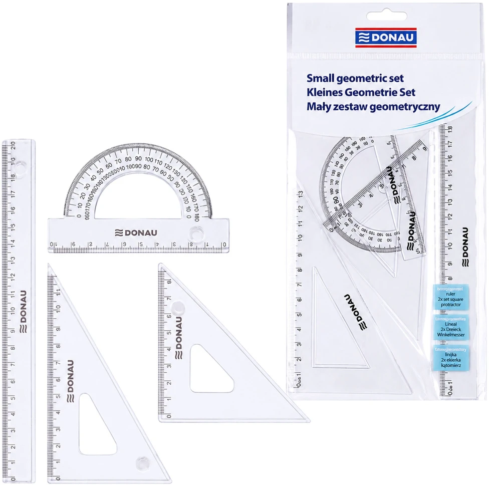 Lean School mažas geometrinių figūrėlių rinkinys DONAU su 20 cm liniuote, stačiakampiu kampu, permatomu kampainiu