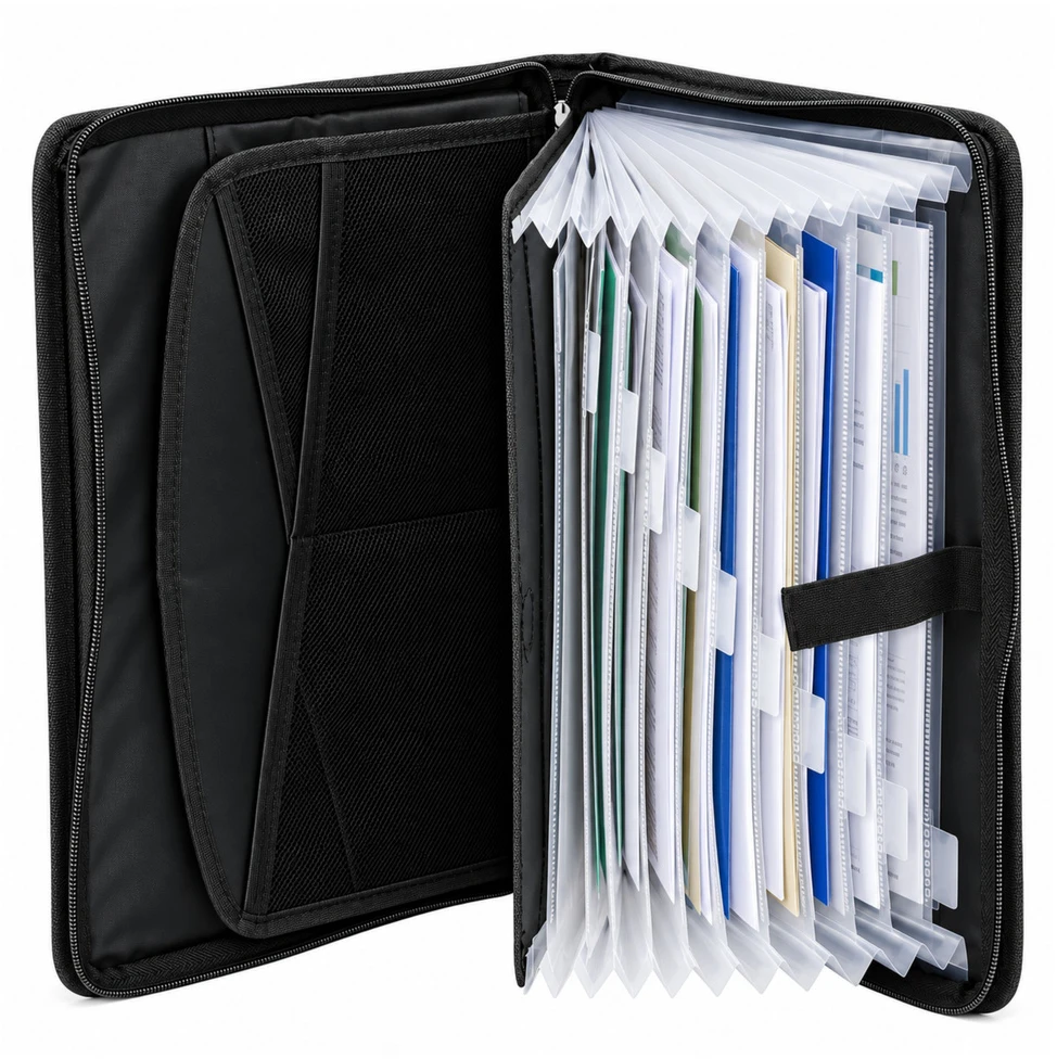 Lean A4 dokumentų dėklas su skyriais ir užtrauktuku, juodas, 36,5 × 27 × 5,5 cm