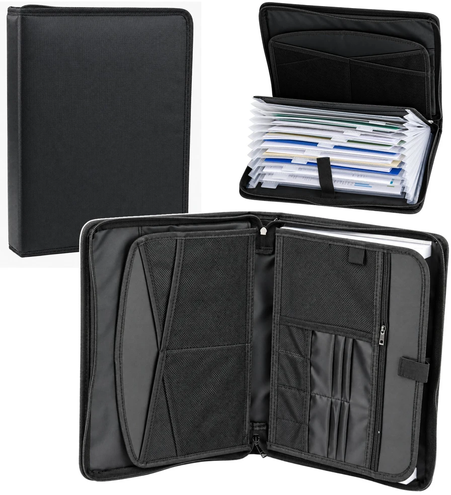 Lean A4 dokumentų dėklas su skyriais ir užtrauktuku, juodas, 36,5 × 27 × 5,5 cm