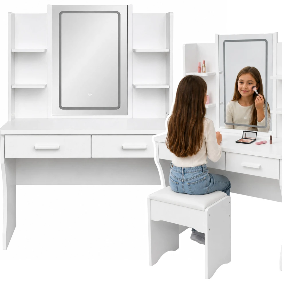Lean Kosmetinis staliukas su LED veidrodžiu ir 2 stalčiais, baltas, 140 × 80 × 40 cm