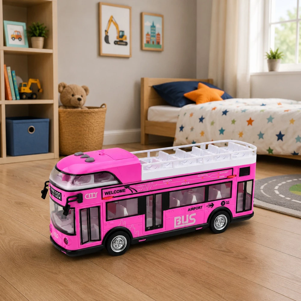 Dviaukštis miesto autobusas rožinis