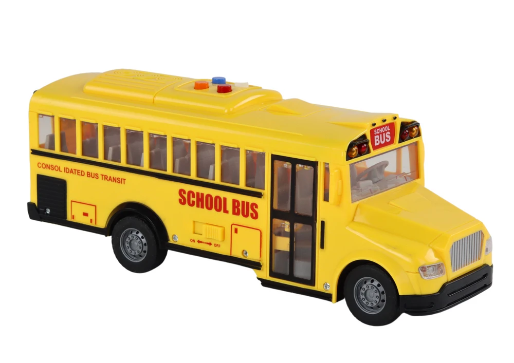 Mokyklinis autobusas su garsais ir šviesom, geltonas