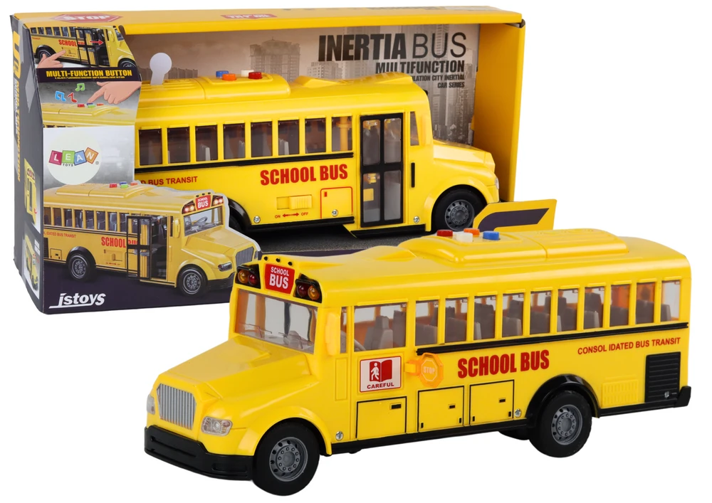Mokyklinis autobusas su garsais ir šviesom, geltonas