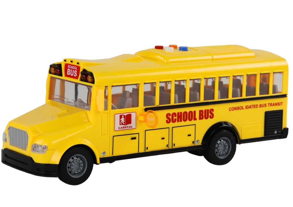 Mokyklinis autobusas su garsais ir šviesom, geltonas