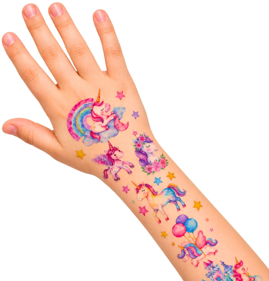 Lean Toys Vaikiškos laikinos tatuiruotės su vienaragiais, įvairiaspalvės, 5 × 5 cm, 25 vnt.