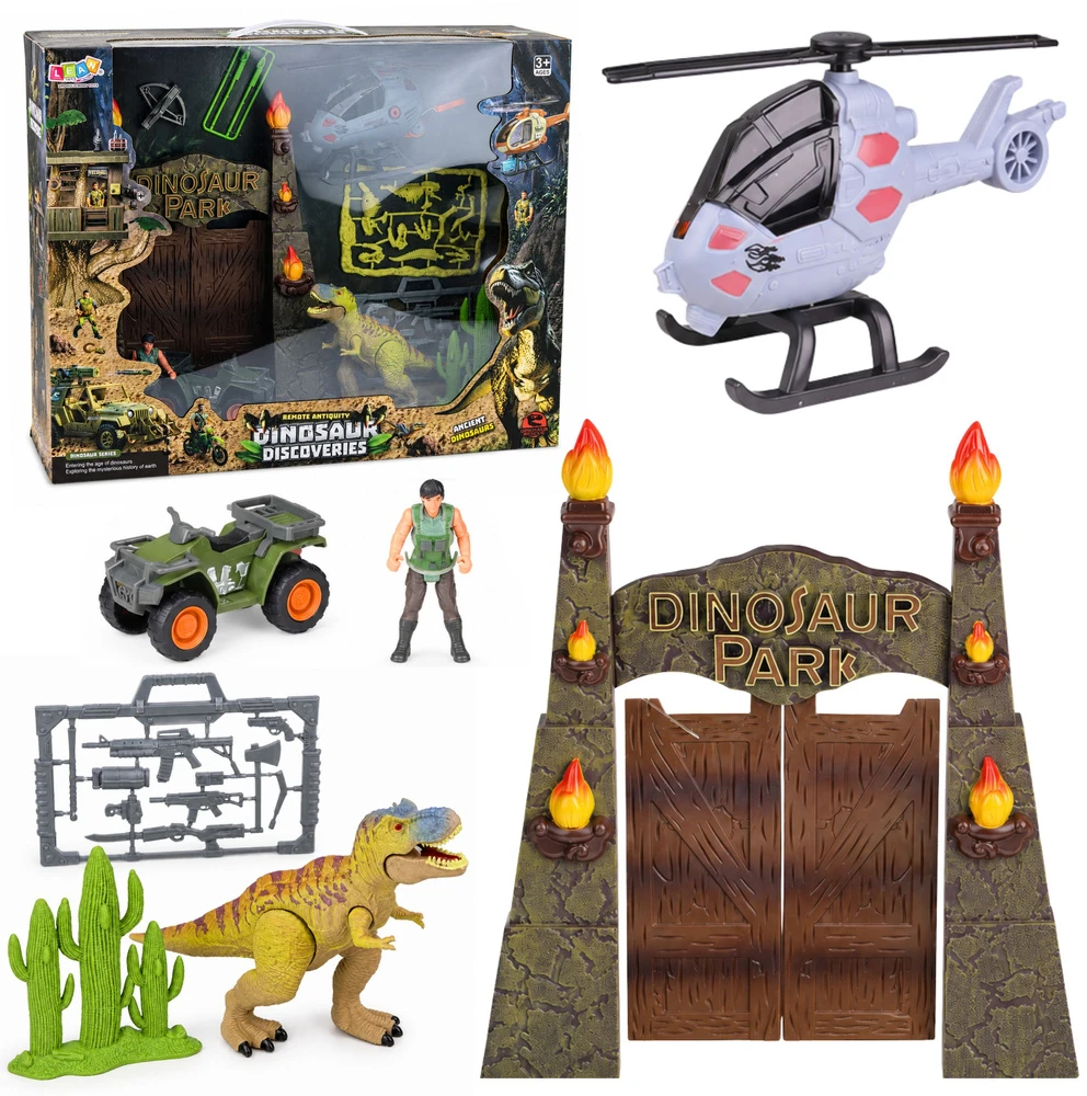 Lean Toys Figūrėlių rinkinys su dinozaurų parko vartais ir sraigtasparniu