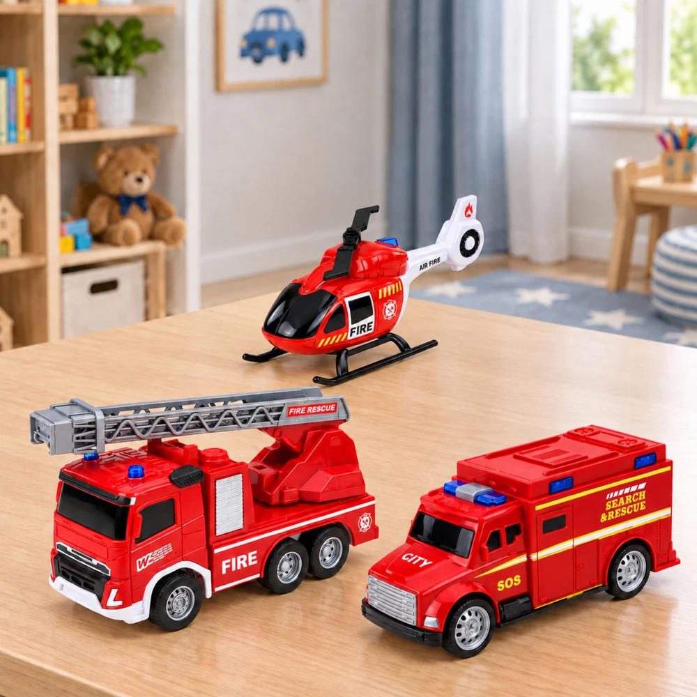 Lean Toys Gaisrinė su garažu ir transporto priemonėmis, raudona ir balta, 32 x 17 x 21 cm