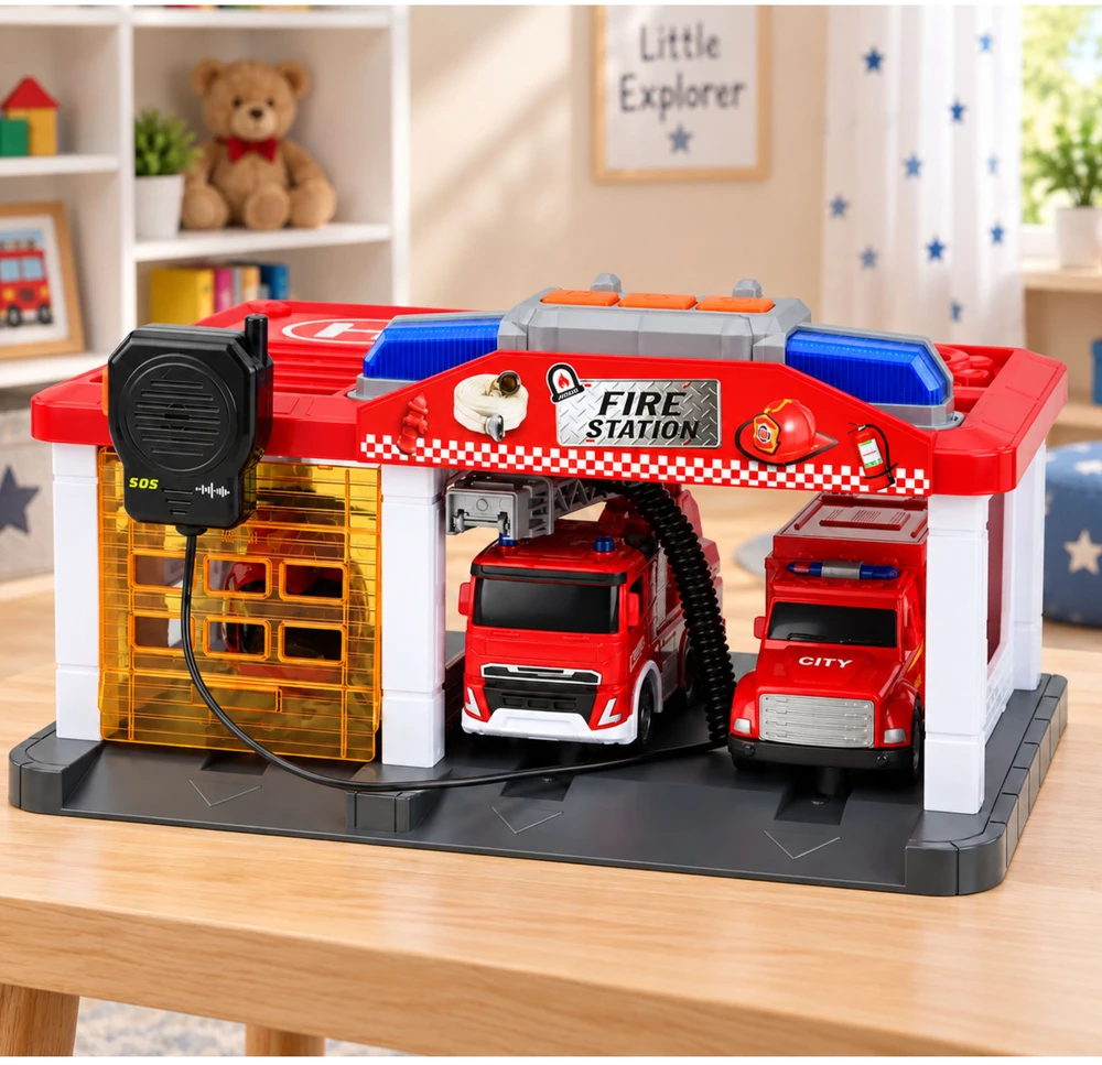 Lean Toys Gaisrinė su garažu ir transporto priemonėmis, raudona ir balta, 32 x 17 x 21 cm