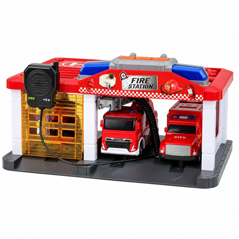 Lean Toys Gaisrinė su garažu ir transporto priemonėmis, raudona ir balta, 32 x 17 x 21 cm
