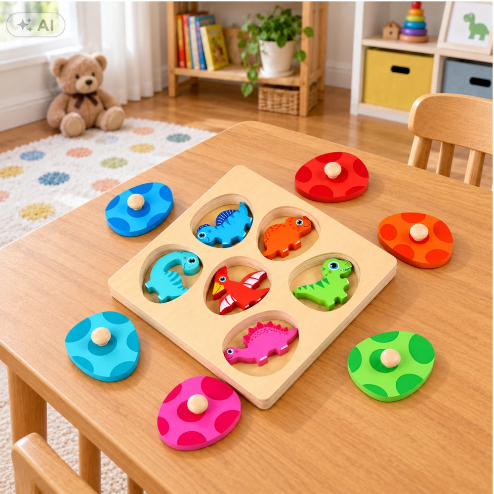 Lean Toys Edukacinė medinė dėlionė, dinozaurų tema, įvairiaspalvė, 17,5 × 17,5 cm