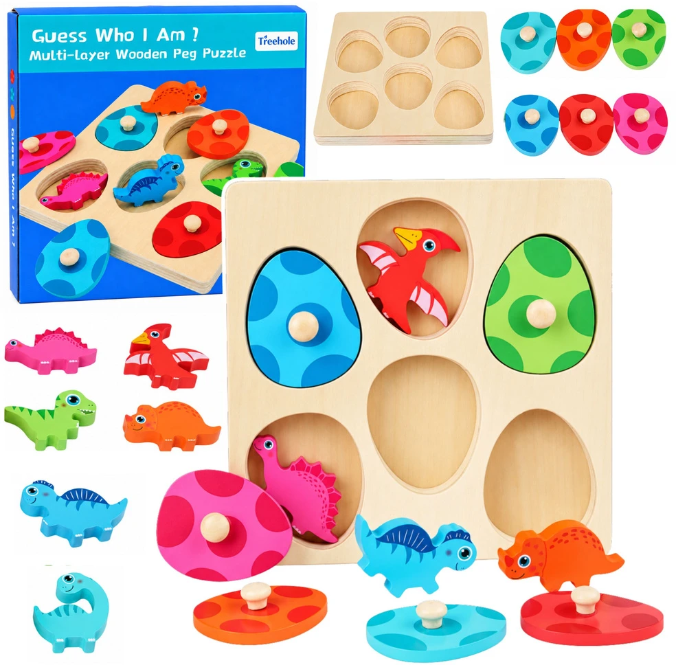 Lean Toys Edukacinė medinė dėlionė, dinozaurų tema, įvairiaspalvė, 17,5 × 17,5 cm