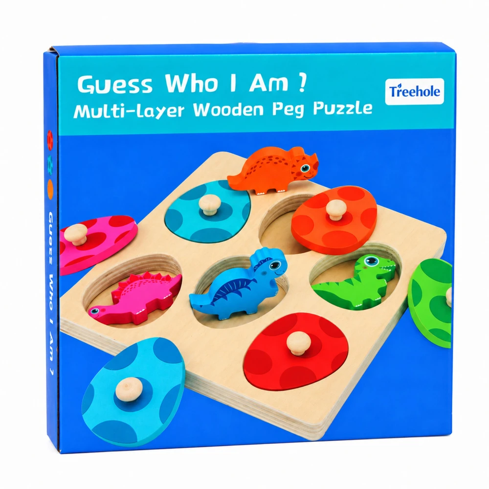 Lean Toys Edukacinė medinė dėlionė, dinozaurų tema, įvairiaspalvė, 17,5 × 17,5 cm