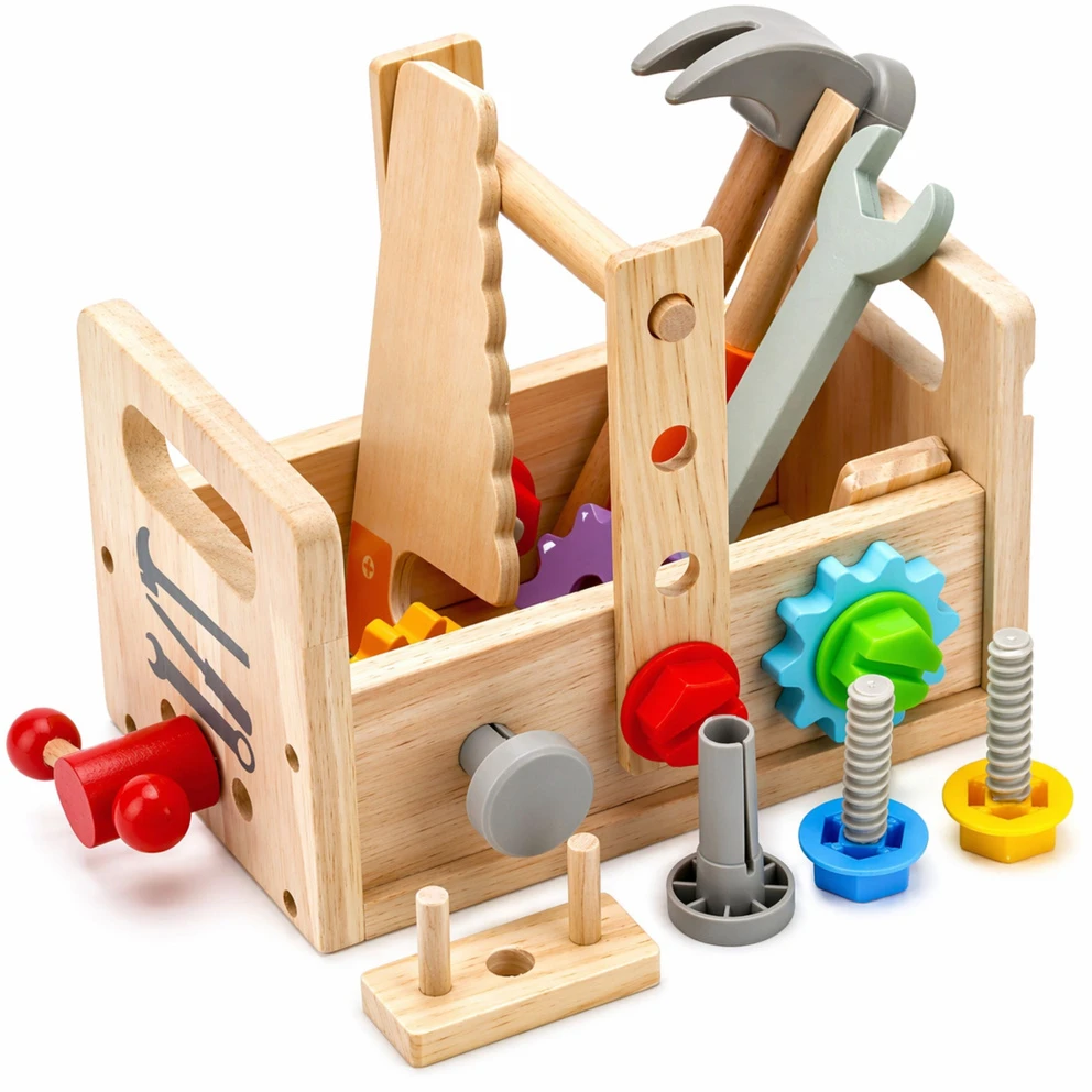 Lean Toys Medinis vaikiškas įrankių dėžutės rinkinys su krumpliaračiais ir veržlėmis
